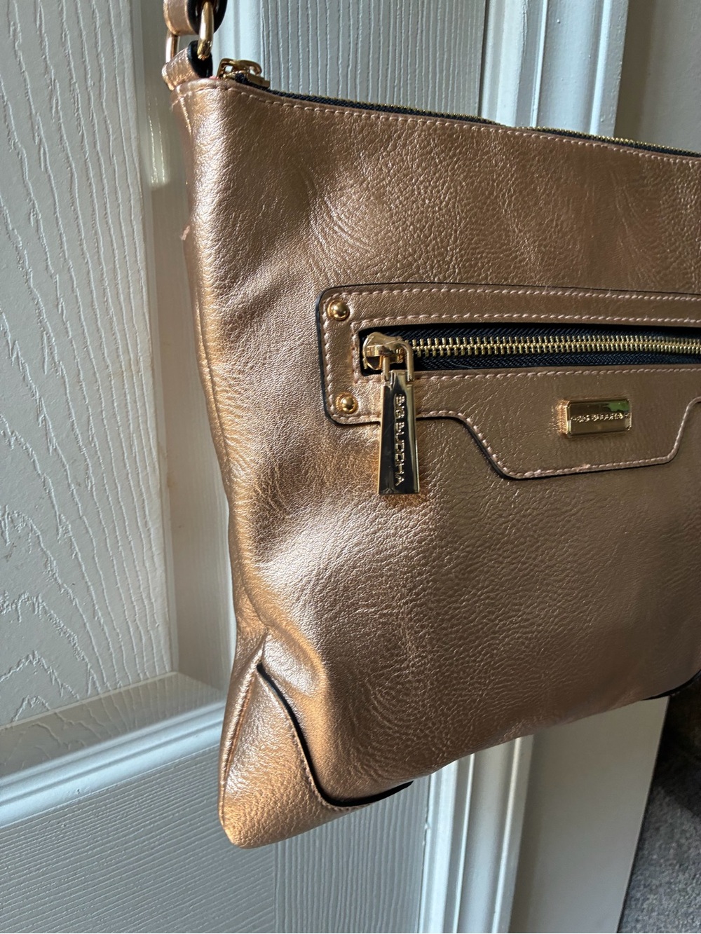 New: Big Buddha Metallic Rose Gold Crossbody Bag with Front Zip Pocket